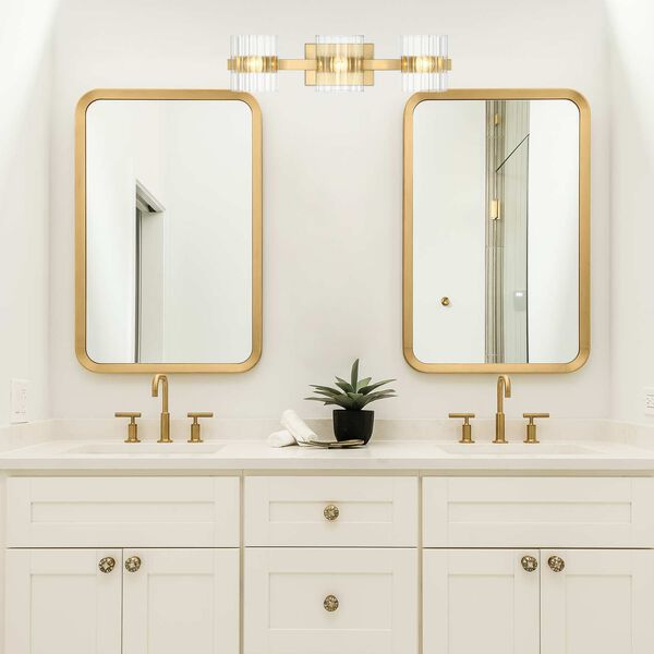 Aries Brushed Gold Three-Light Bath Vanity with Ribbed Glass Shades, image 3