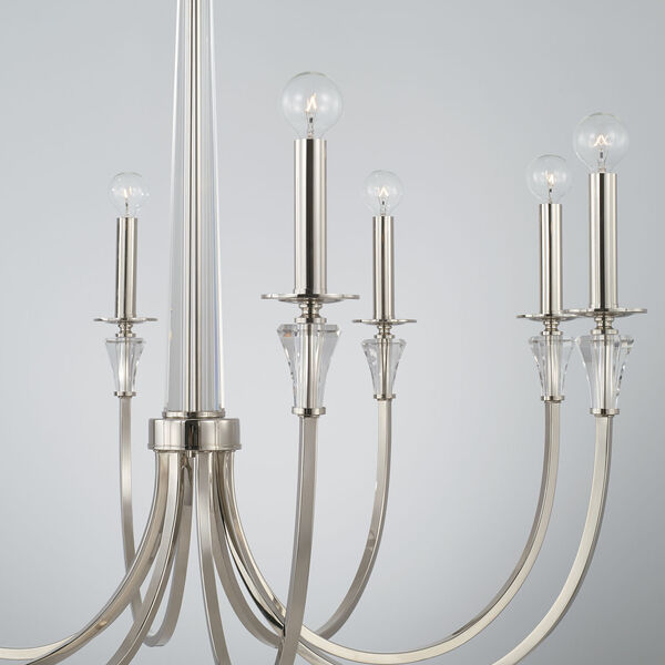 Laurent Polished Nickel Eight-Light Chandelier with Crystal Column and Bobeches, image 5