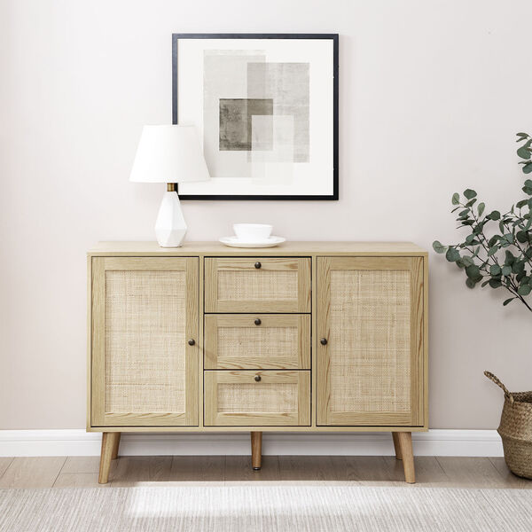 Natural Solid Wood and Rattan Sideboard with Three Drawers, image 4