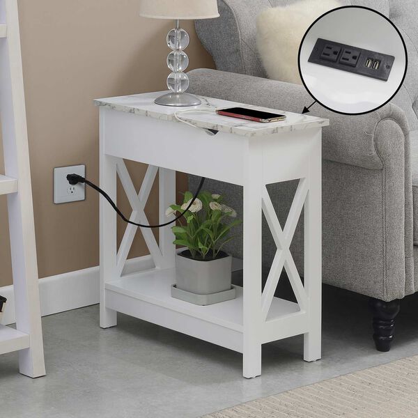Oxford White Faux Marble White Flip Top End Table with Charging Station and Shelf, image 2