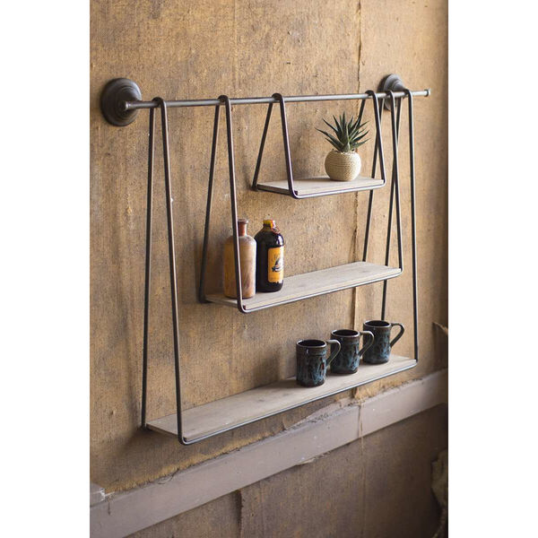 Natural Wooden and Black Metal Triple Hanging Shelf, image 1