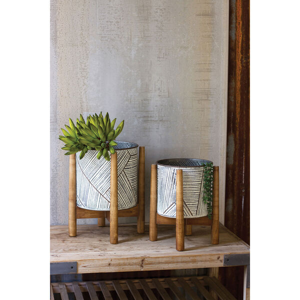 Pressed Tin Planters With Wooden Bases, Set of Two, image 1