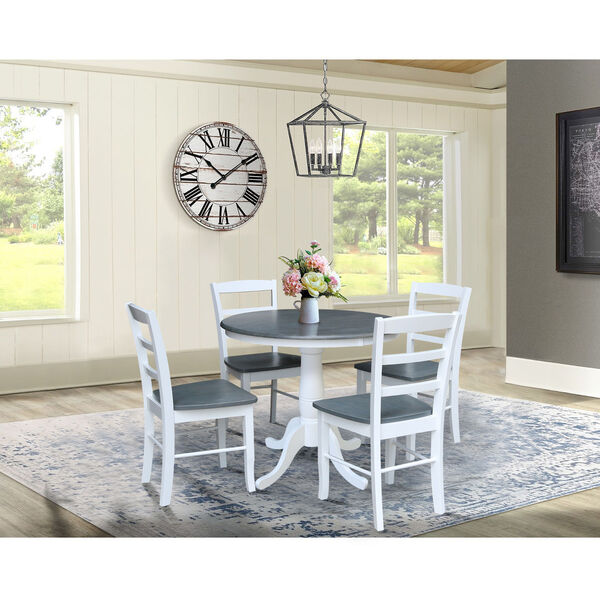 White and Heather Gray 36-Inch Round Pedestal Dining Table with Four Ladderback Chair, Five-Piece, image 1