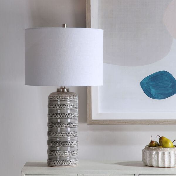 Alenon Light Gray and Brushed Nickel One-Light Table Lamp with Round Drum Hardback Shade, image 3