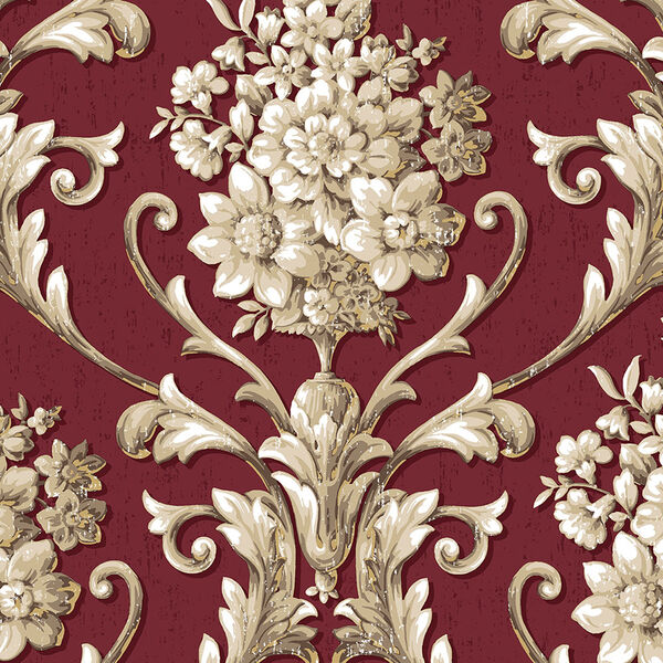 Floral Damask Red and Metallic Gold Wallpaper, image 1
