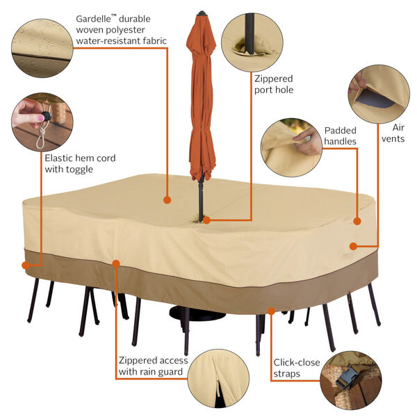 Ash Beige and Brown Rectangle Oval Patio Table and Chair Set Cover with Umbrella Hole, image 2