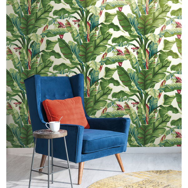Ashford House Tropics White and Teal Green Banana Leaf Wallpaper, image 3