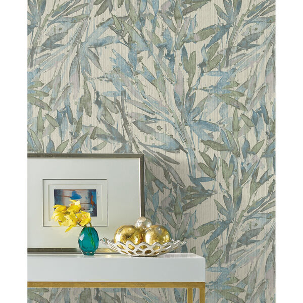 Antonina Vella Natural Opalescence Light Blue and Muted Green Rainforest Leaves Wallpaper– SAMPLE SWATCH ONLY, image 3