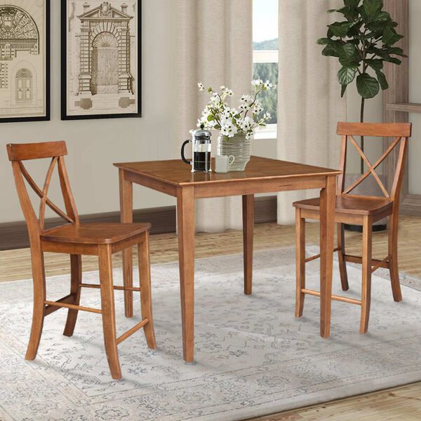 Distressed Oak Counter Height Dining Table with Two X-Back Stools, 3 Piece Set, image 3