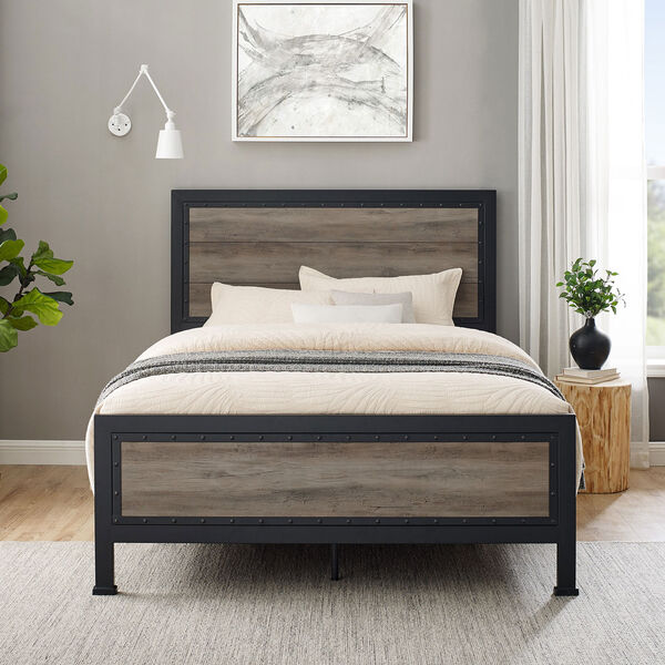 Queen Size Industrial Wood and Metal Bed - Grey Wash, image 8
