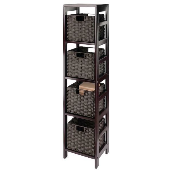 Leo Espresso Storage Shelf with Four Foldable Woven Baskets, 5-Piece, image 6