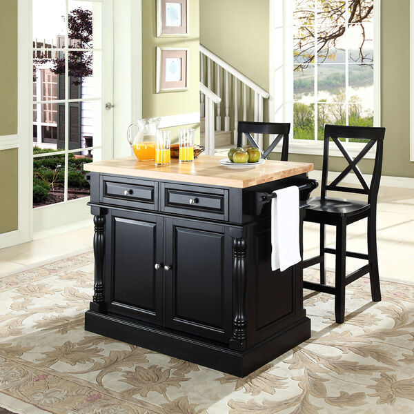 Butcher Block Top Kitchen Island in Black Finish with 24-Inch Black X-Back Stools, image 4