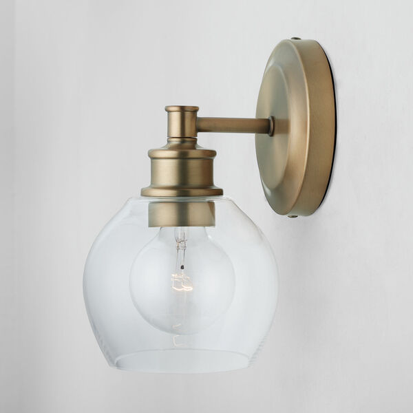 Mid-Century Aged Brass One-Light Sconce with Clear Glass, image 3