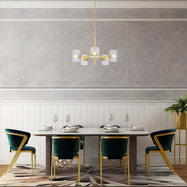 Aries Brushed Gold Five-Light Chandelier with Ribbed Glass Shades, image 3