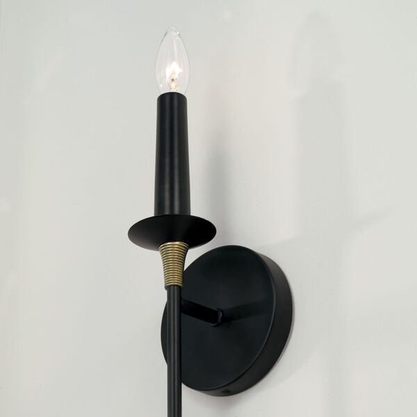 Amara Matte Black with Brass One-Light Sconce with and Brass Wrapped Detail, image 2