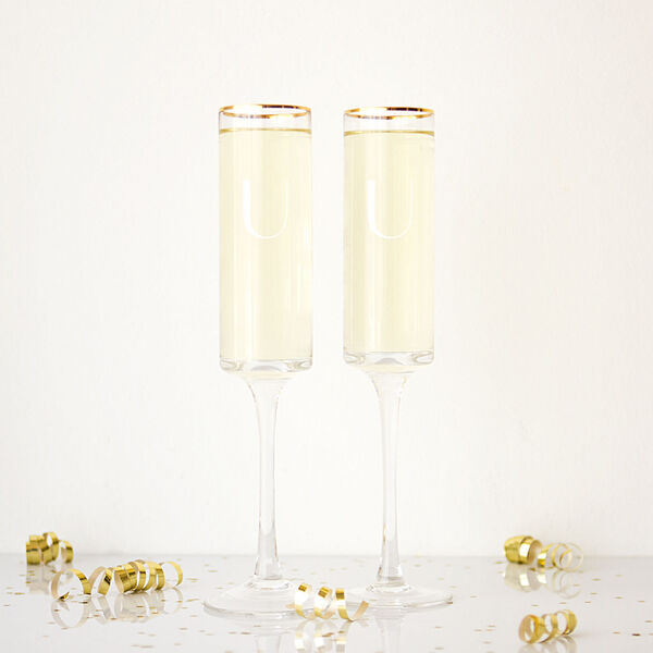 Personalized 8 oz. Gold Rim Contemporary Champagne Flutes, Letter U, Set of 2, image 1
