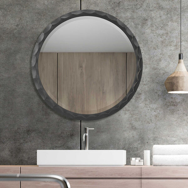Scalloped Aged Black and Silver Round Wall Mirror, image 1