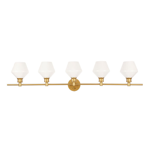 Gene Brass Five-Light Bath Vanity with Frosted White Glass, image 3