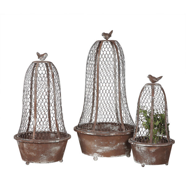 Round Metal Planter with Wire Cloche and Bird, Set of Three, image 1