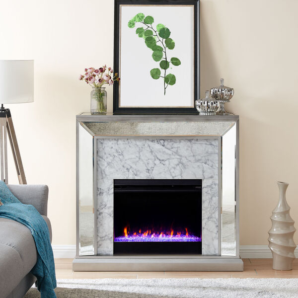 Trandling Antique Silver Mirrored Faux Stone Electric Fireplace with Color Changing Firebox, image 1