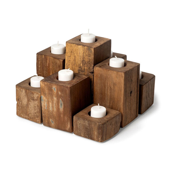 Cassius Light Brown Nine Wood Block Table Candle Holder, image 1