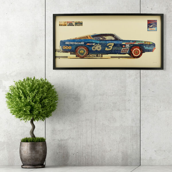 Blue Muscle Car Dimensional Collage Graphic Glass Wall Art, image 1