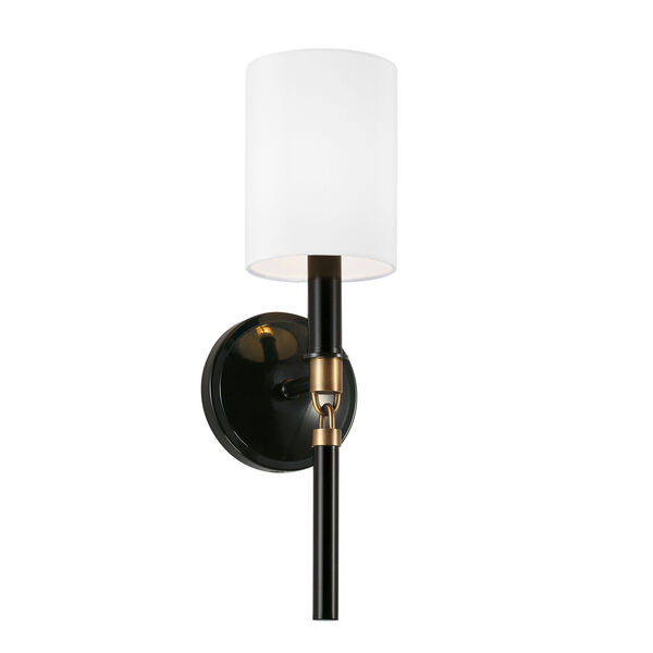 Beckham Glossy Black and Aged Brass One-Light Wall Sconce with White Fabric Stay Straight Shade, image 1
