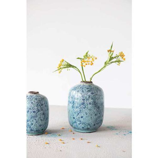 Distressed Blue Floral Pattern Terra-Cotta Vase, image 2