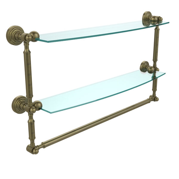 Waverly Place Collection 24 Inch Two Tiered Glass Shelf with Integrated Towel Bar, Antique Brass, image 1