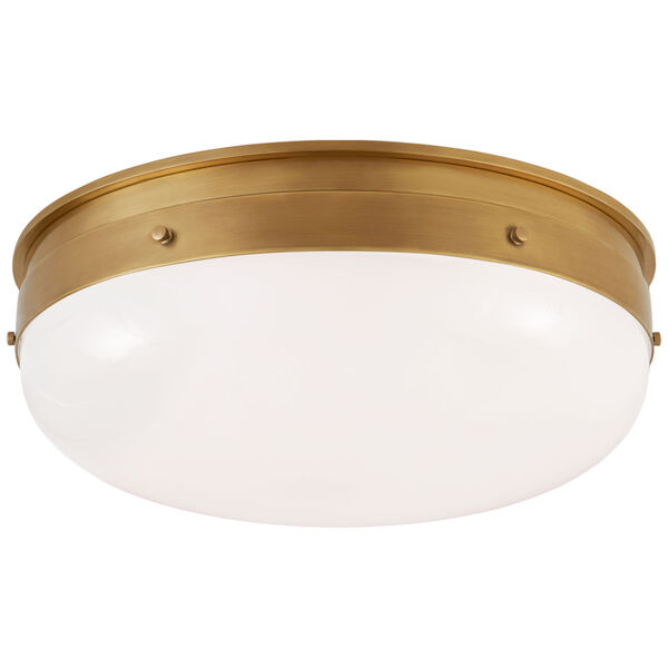 Hicks Medium Flush Mount in Hand-Rubbed Antique Brass with White Glass by Thomas O'Brien, image 1