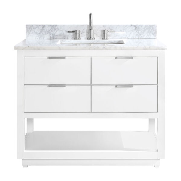 White 43-Inch Bath vanity with Silver Trim and Carrara White Marble Top, image 1