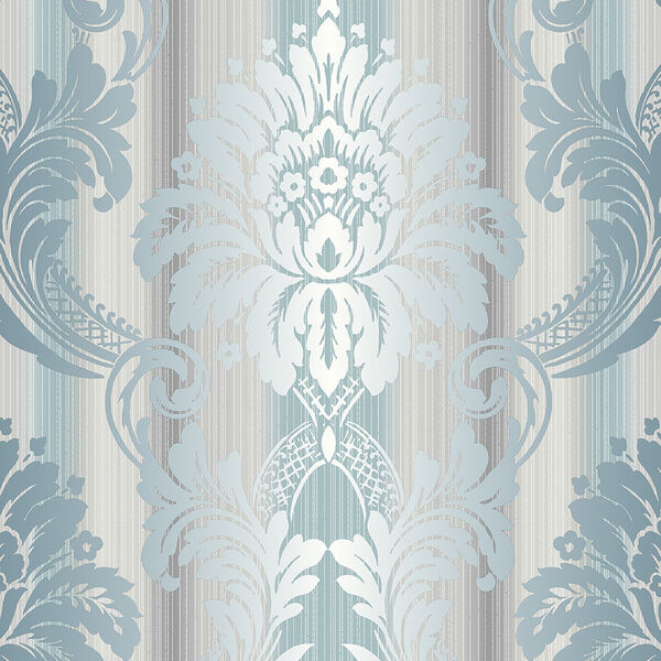 String Damask Teal, Grey and Silver Wallpaper, image 1
