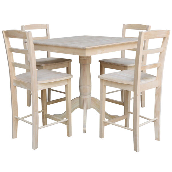 Wood 36-Inch Square Top Pedestal Table with Four Counter Height Stool, Set of Five, image 3