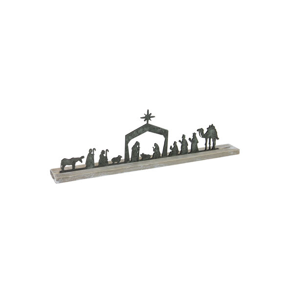 Gray Distressed Metal Nativity on a Wooden Stand, image 2