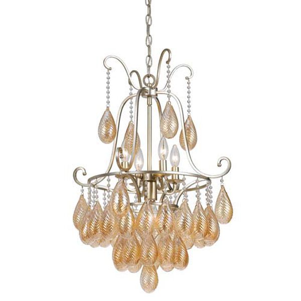 Marion Warm Silver Four-Light Chandelier with Gold Tear Drops, image 1