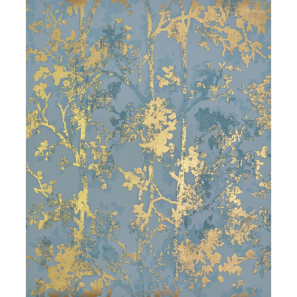 Antonina Vella Modern Metals Shimmering Foliage Blue and Gold Wallpaper - SAMPLE SWATCH ONLY, image 1