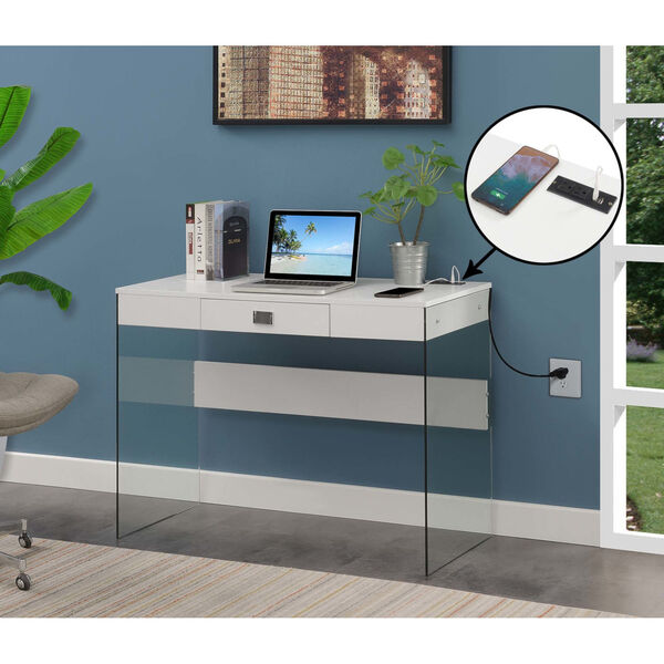 SoHo White Glass Desk with Charging Station, image 2