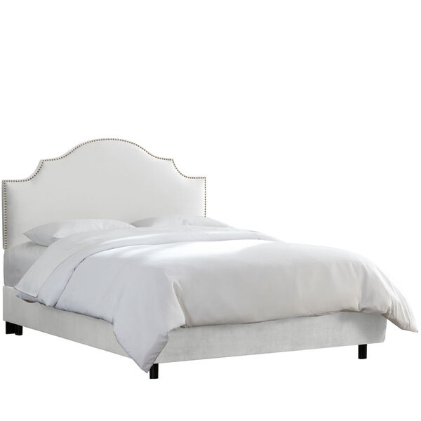 Queen Velvet White Nail Button Notched Bed, image 1