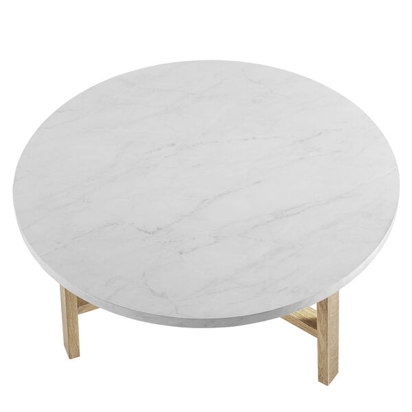White Marble and Light Oak Round Coffee Table, image 4