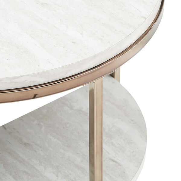 Olympia Champagne Gold and White Side Table with Faux Marble Top and Shelf, image 4