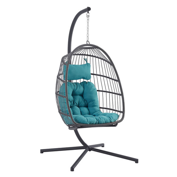Gray and Teal Outdoor Swing Egg Chair with Stand, image 1