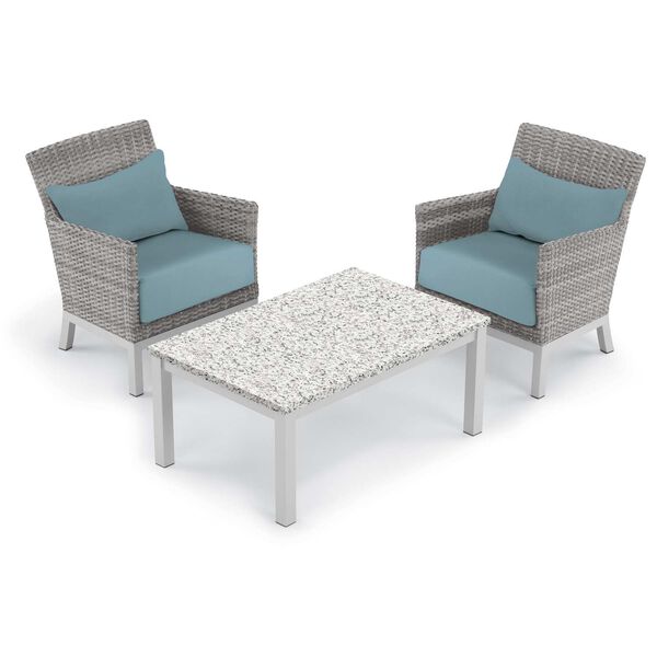 Argento and Travira Three-Piece Outdoor Club Chair with Lumbar Pillows and Coffee Table Set, image 1