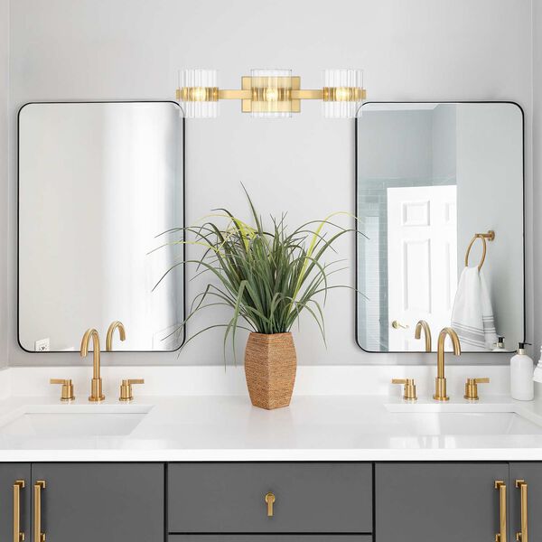 Aries Brushed Gold Three-Light Bath Vanity with Ribbed Glass Shades, image 2