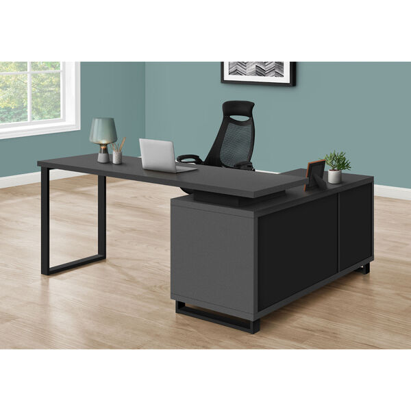 Dark Grey and Black Computer Desk with Drawers and Shelves, image 3