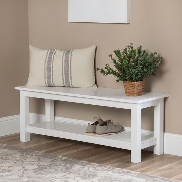50-Inch Country Style White Entry Bench with Slatted Shelf, image 1