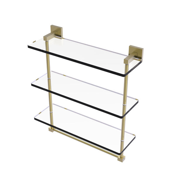 Montero Satin Brass 16-Inch Triple Tiered Glass Shelf with Integrated Towel Bar, image 1