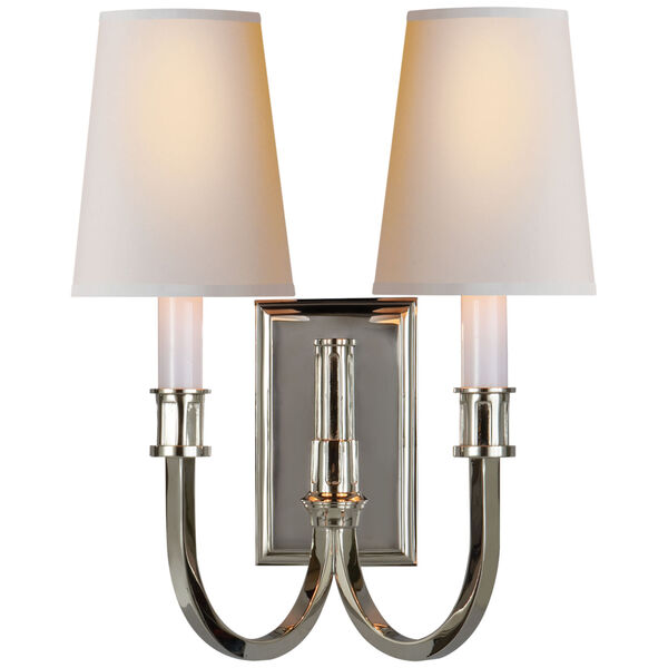 Modern Library Double Sconce in Polished Nickel with Natural Paper Shades by Thomas O'Brien, image 1