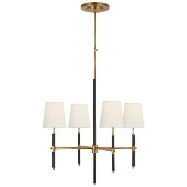 Bryant Antique Brass and Chocolate Four-Light Small Wrapped Chandelier with Linen Shades by Thomas O'Brien, image 1