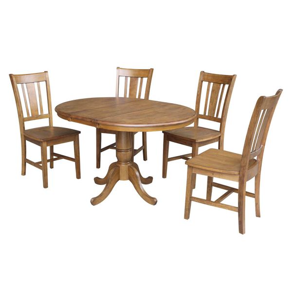 Pecan Round Dining Table with 12-Inch Leaf and Chairs, 5-Piece, image 1