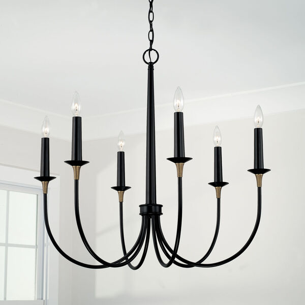 Amara Matte Black with Brass Grand Chandelier with and Brass Wrapped Detail, image 4